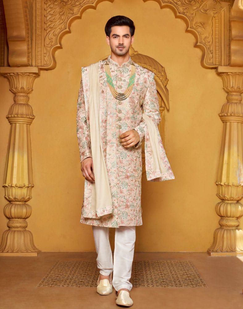 Collection of Attractive Beige Floral Raw Silk Embellished work Indo-Western Set in a gallery layout