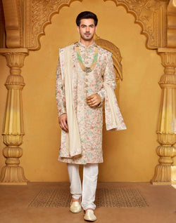 Collection of Attractive Beige Floral Raw Silk Embellished work Indo-Western Set in a gallery layout