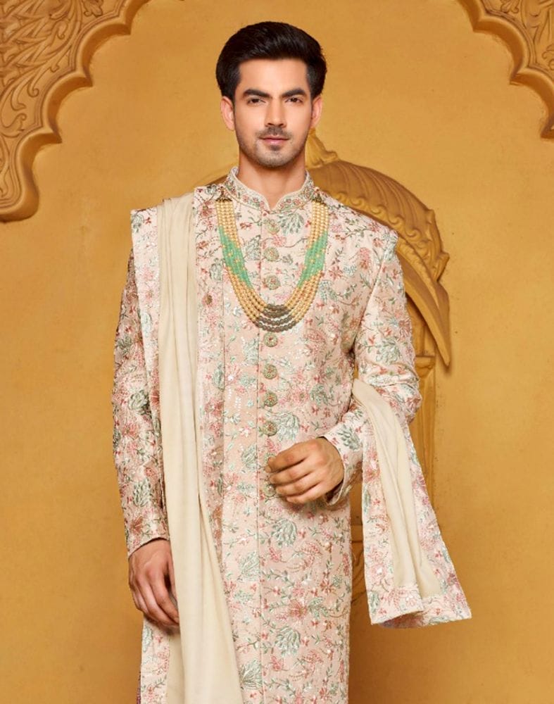 Collection of Attractive Beige Floral Raw Silk Embellished work Indo-Western Set in a gallery layout