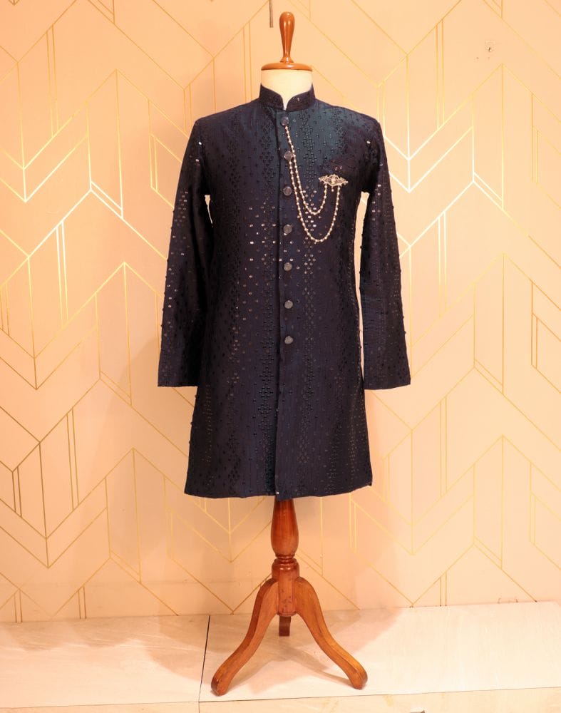 Collection of Navy Blue Striped Polynosic Embellished Indo Western Set in a gallery layout