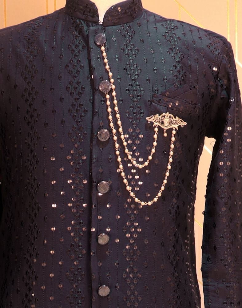 Collection of Navy Blue Striped Polynosic Embellished Indo Western Set in a gallery layout