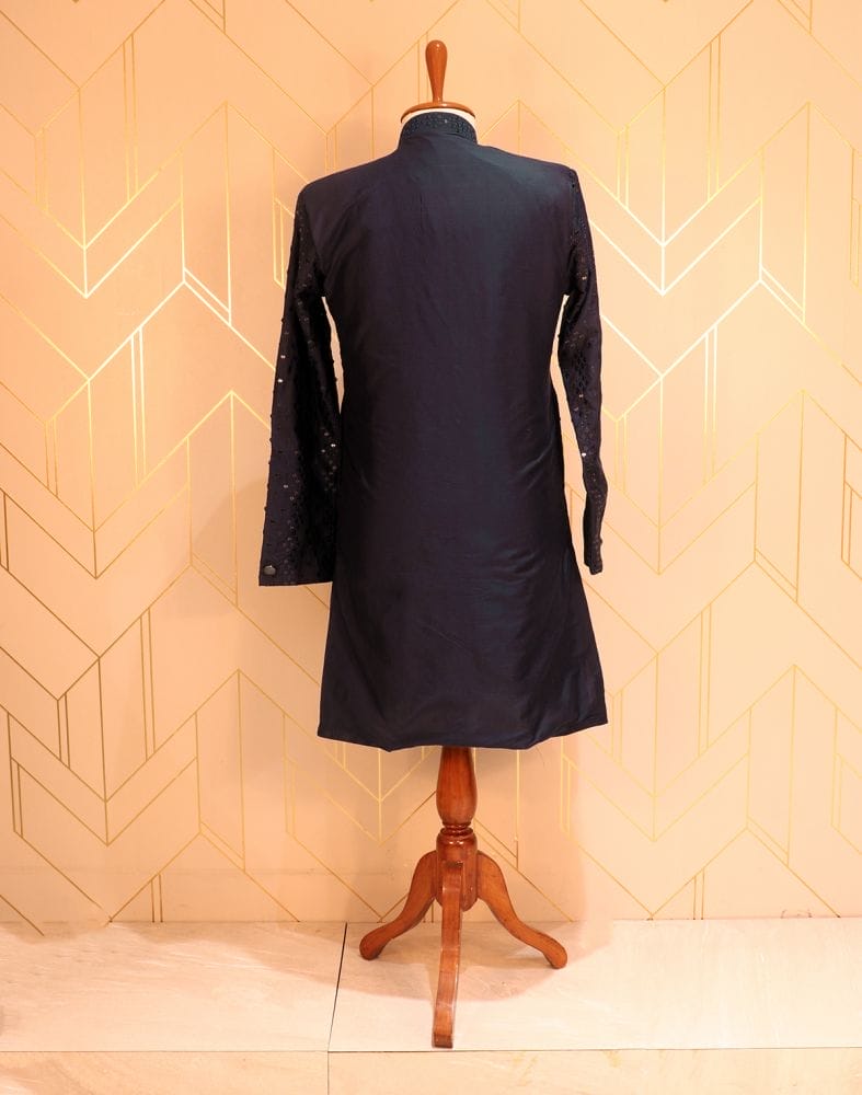 Collection of Navy Blue Striped Polynosic Embellished Indo Western Set in a gallery layout