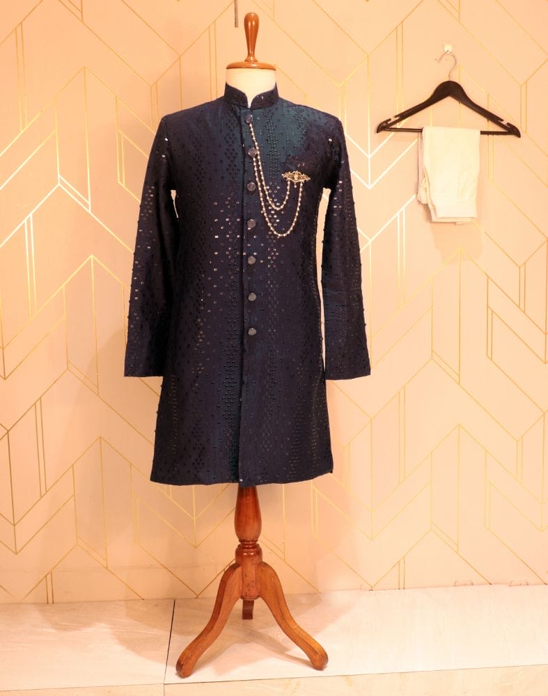 Navy Blue Striped Polynosic Embellished Indo Western Set