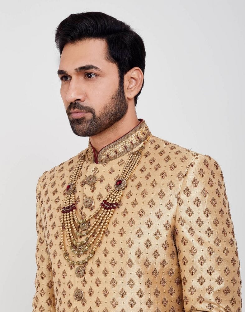 Collection of Smart-Fit Gold Floral Raw Silk Beads Indo-Western Set in a gallery layout