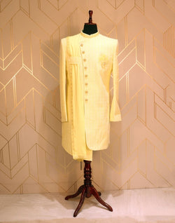 Collection of Yellow Floral Raw Silk Chikankari Indo Western Set in a gallery layout