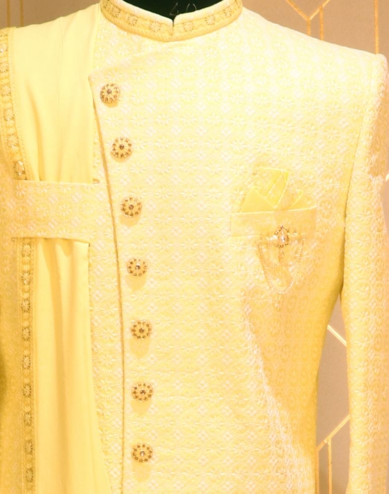 Yellow Floral Raw Silk Chikankari Indo Western Set