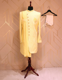 Collection of Yellow Floral Raw Silk Chikankari Indo Western Set in a gallery layout