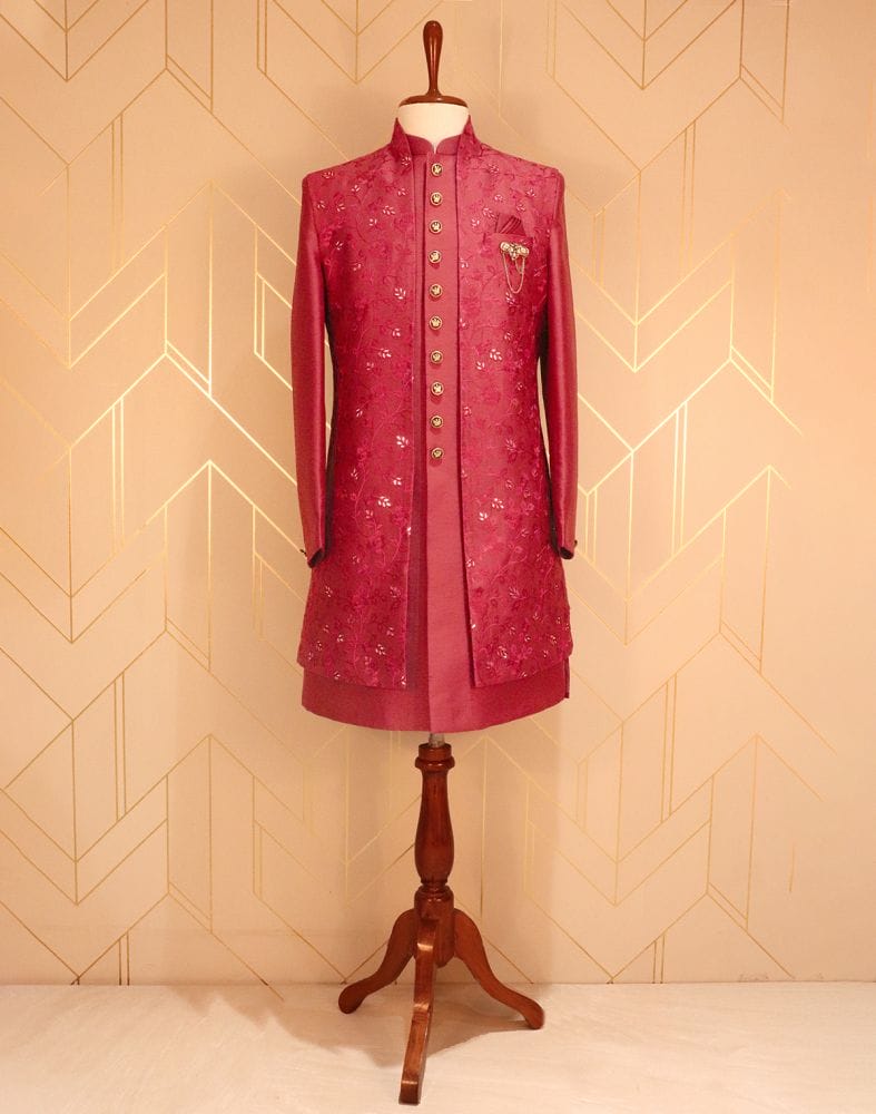 Maroon Raw Silk Indo-Western Set with Mirror work