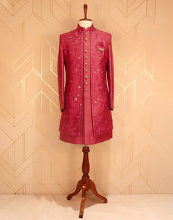 Collection of Maroon Raw Silk Indo-Western Set with Mirror work in a gallery layout