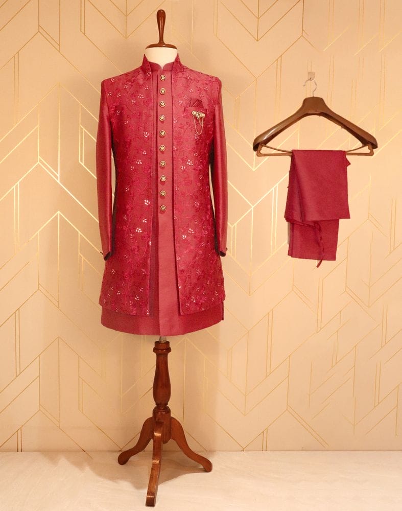 Maroon Raw Silk Indo-Western Set with Mirror work