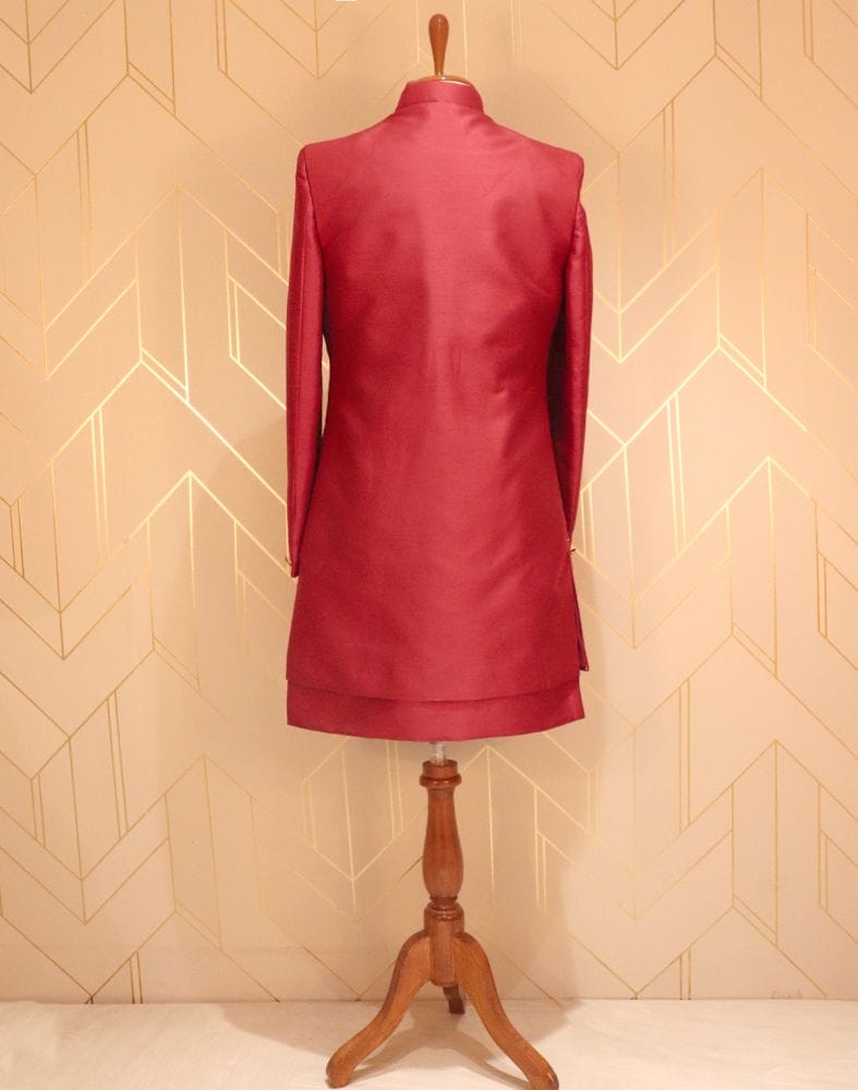 Collection of Maroon Raw Silk Indo-Western Set with Mirror work in a gallery layout