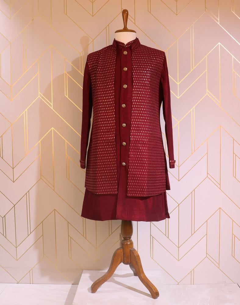 Collection of Maroon Raw Silk De Royal Jacket Set in a gallery layout