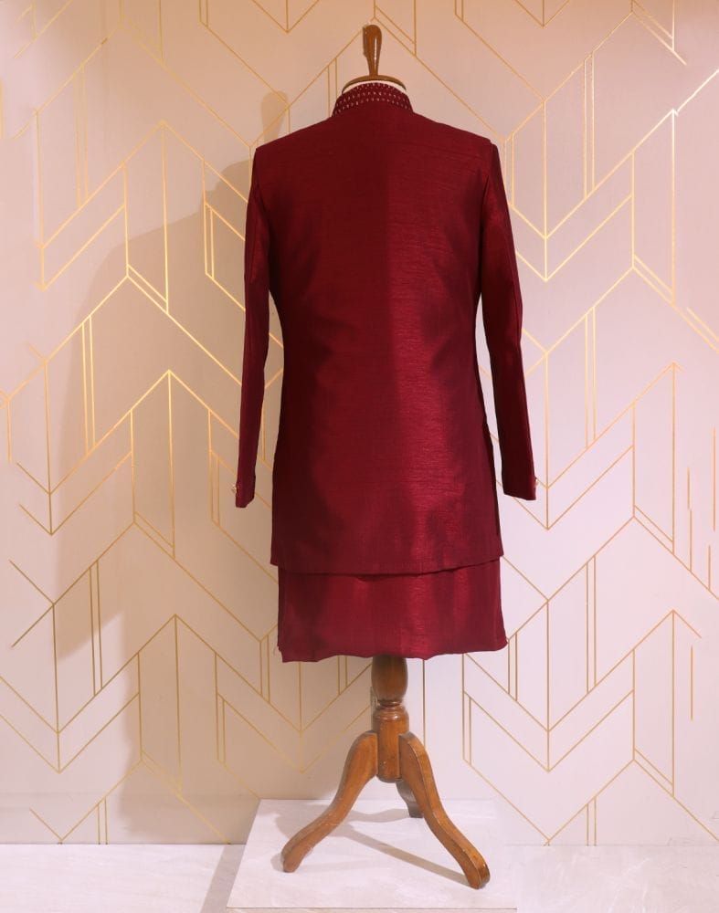 Collection of Maroon Raw Silk De Royal Jacket Set in a gallery layout