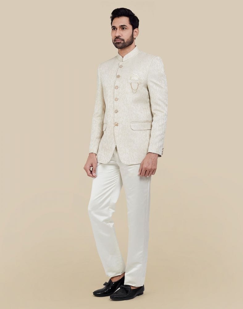 Cream Self Textured Plain Bandhagala Set