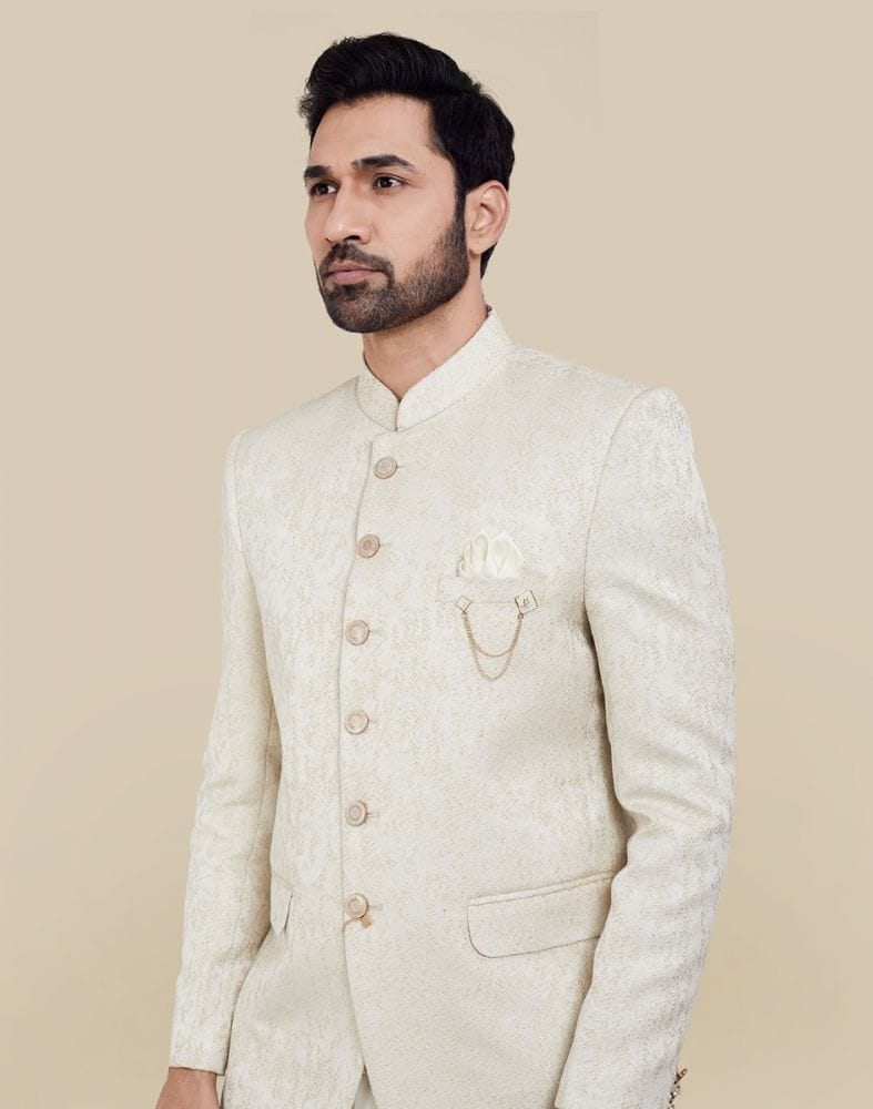 Cream Self Textured Plain Bandhagala Set