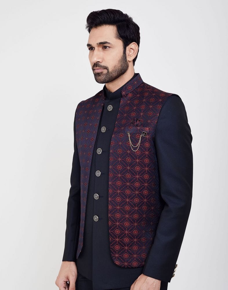 Royal Blue Jacquard Design With Jacket Style Bandhagala Set