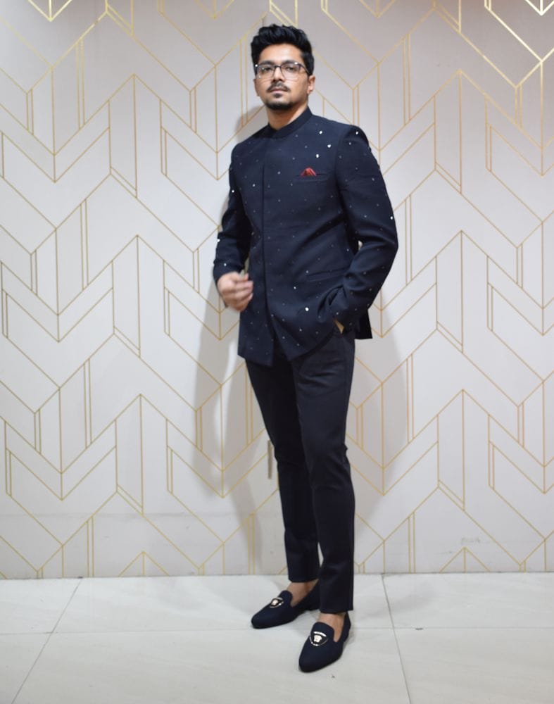 Vivacious Navy Blue Plain Velvet Kundhan Jodhpuri Suit Set