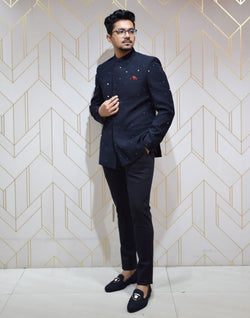 Collection of Vivacious Navy Blue Plain Velvet Kundhan Jodhpuri Suit Set in a gallery layout