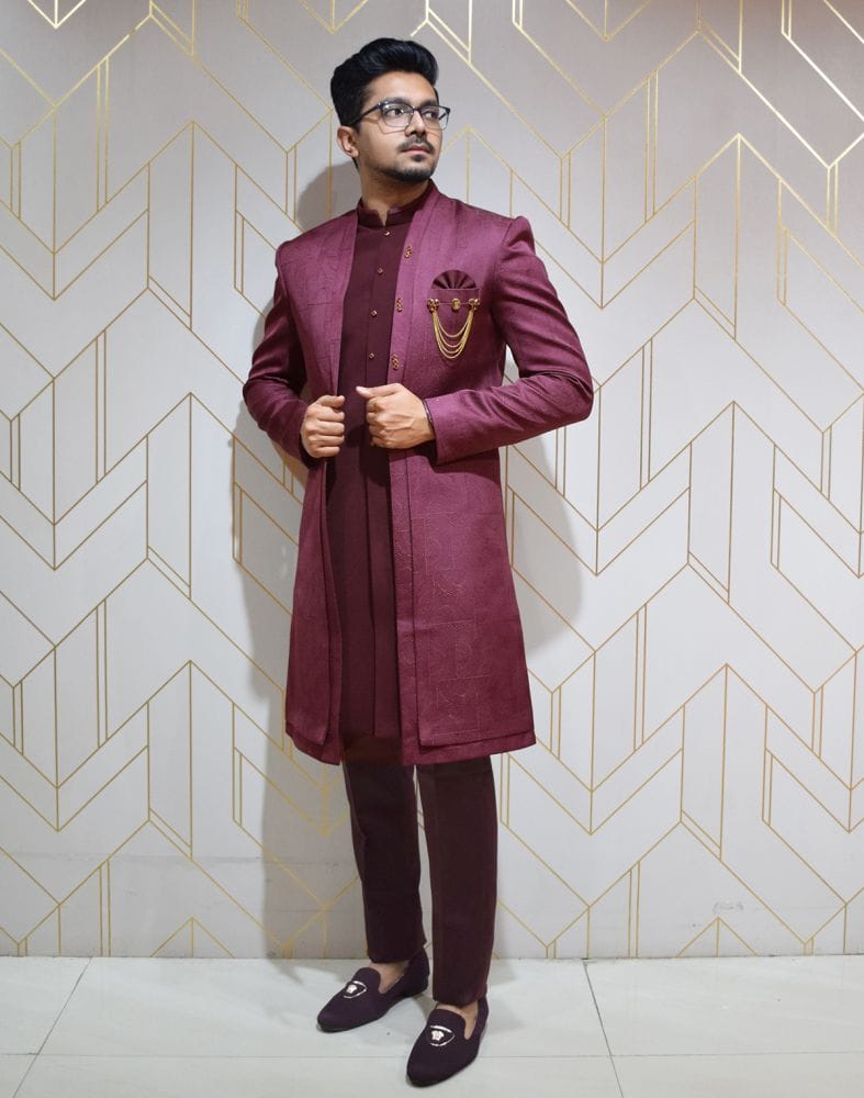 Designer Wine colour Self Design Jacquard Weave Indo western set