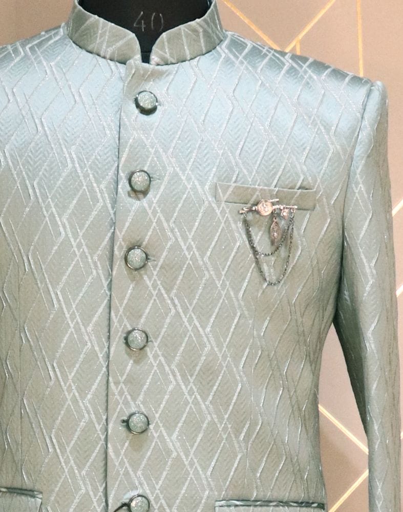 Collection of Pista Green Jacquard Geometric Jodhpuri Suit Set in a gallery layout