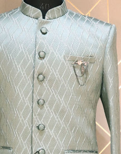 Collection of Pista Green Jacquard Geometric Jodhpuri Suit Set in a gallery layout