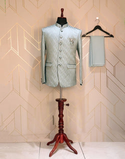 Collection of Pista Green Jacquard Geometric Jodhpuri Suit Set in a gallery layout