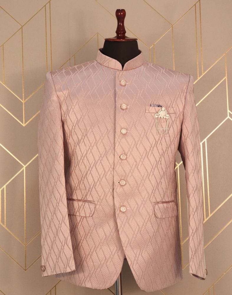 Collection of Pink Geometric Jacquard Weave Jodhpuri Suit Set in a gallery layout