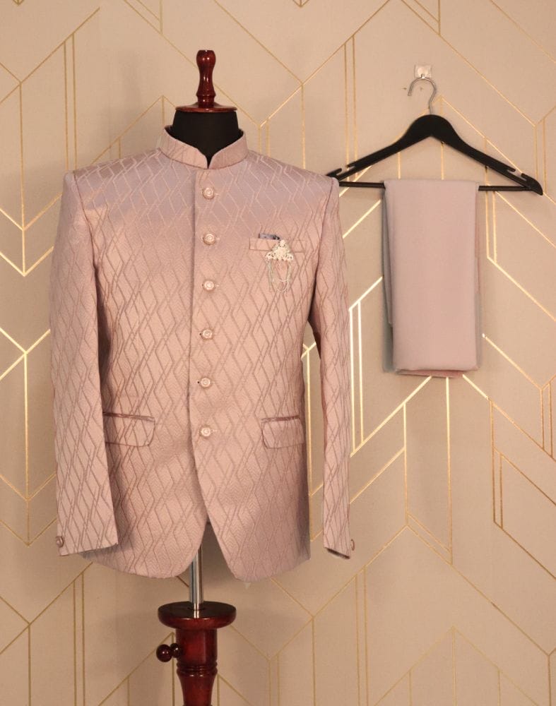 Collection of Pink Geometric Jacquard Weave Jodhpuri Suit Set in a gallery layout