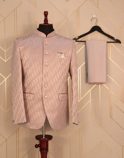 Collection of Pink Geometric Jacquard Weave Jodhpuri Suit Set in a gallery layout