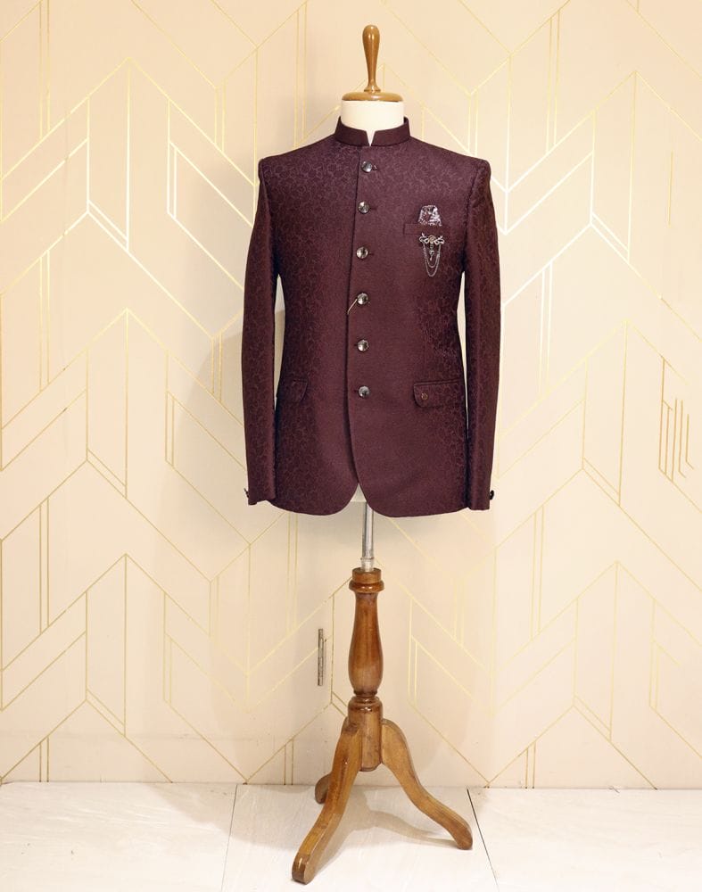 Collection of Maroon Floral Jacquard Jodhpuri Suit Set in a gallery layout