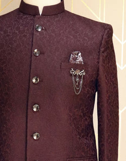 Collection of Maroon Floral Jacquard Jodhpuri Suit Set in a gallery layout