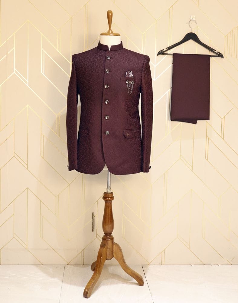 Collection of Maroon Floral Jacquard Jodhpuri Suit Set in a gallery layout