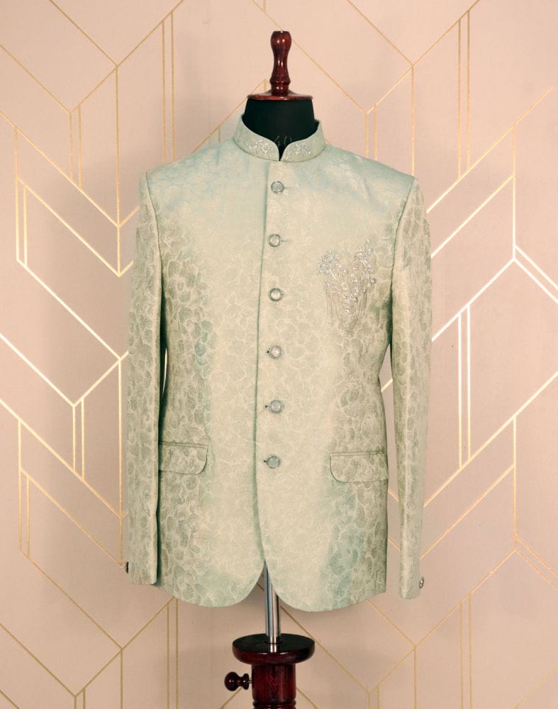 Collection of Pista Green Self Design Jacquard Zarodosi Embroidery Jodhpuri Suit Set in a gallery layout