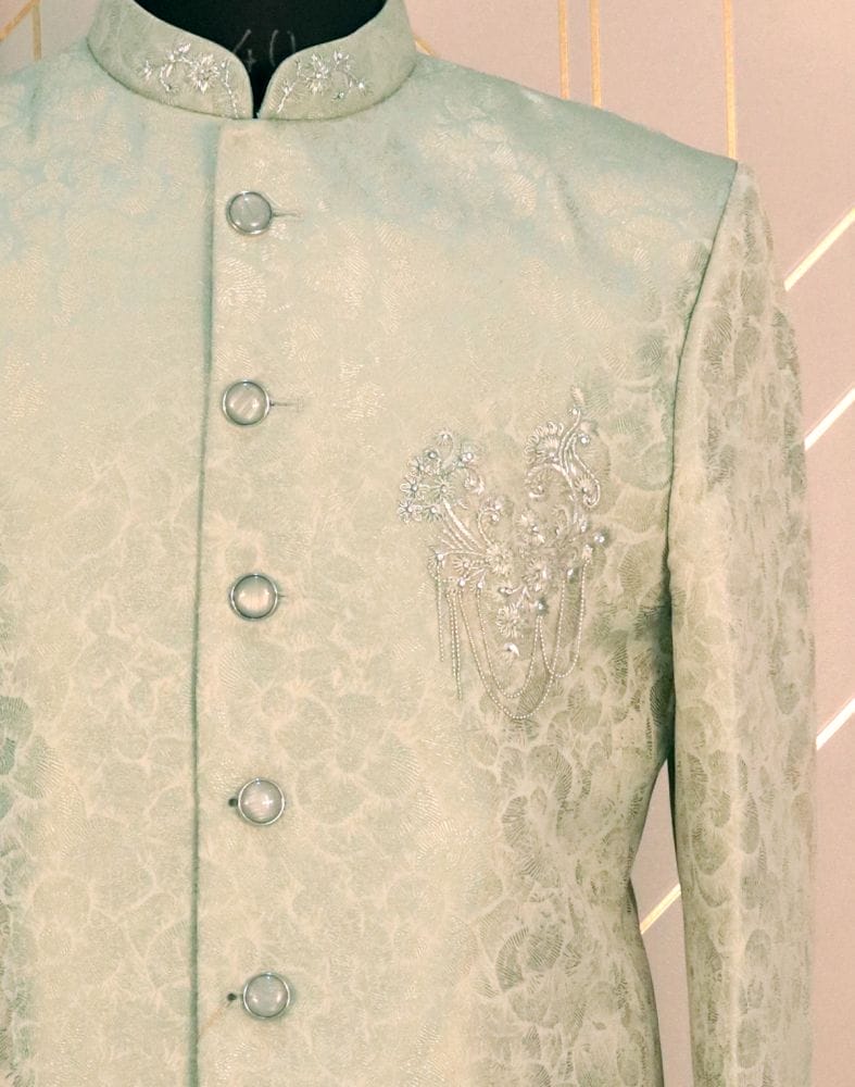 Collection of Pista Green Self Design Jacquard Zarodosi Embroidery Jodhpuri Suit Set in a gallery layout