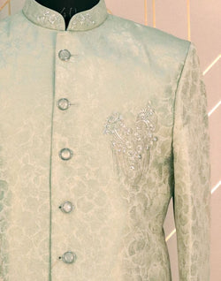 Collection of Pista Green Self Design Jacquard Zarodosi Embroidery Jodhpuri Suit Set in a gallery layout