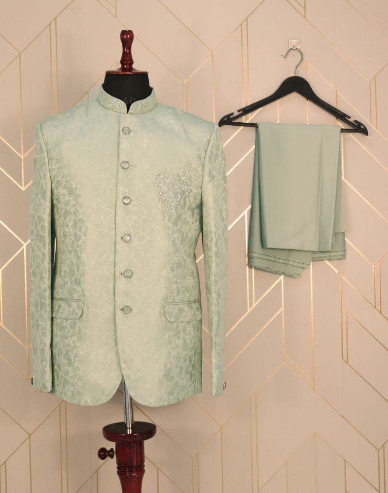 Pista Green Self Design Jacquard Zarodosi Embroidery Jodhpuri Suit Set