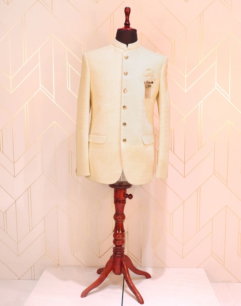 Collection of Cream Embroidery Lucknowi Chikankari Jodhpuri Suit Set in a gallery layout