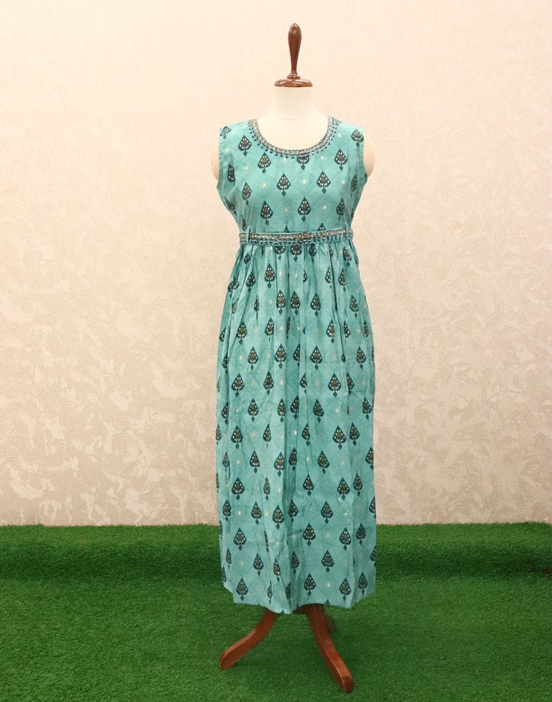 Collection of Light Blue Geometric Print Silk Fabric Kurti in a gallery layout