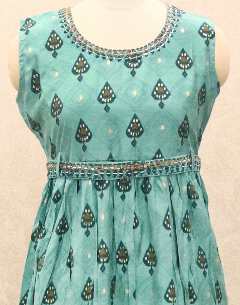 Collection of Light Blue Geometric Print Silk Fabric Kurti in a gallery layout