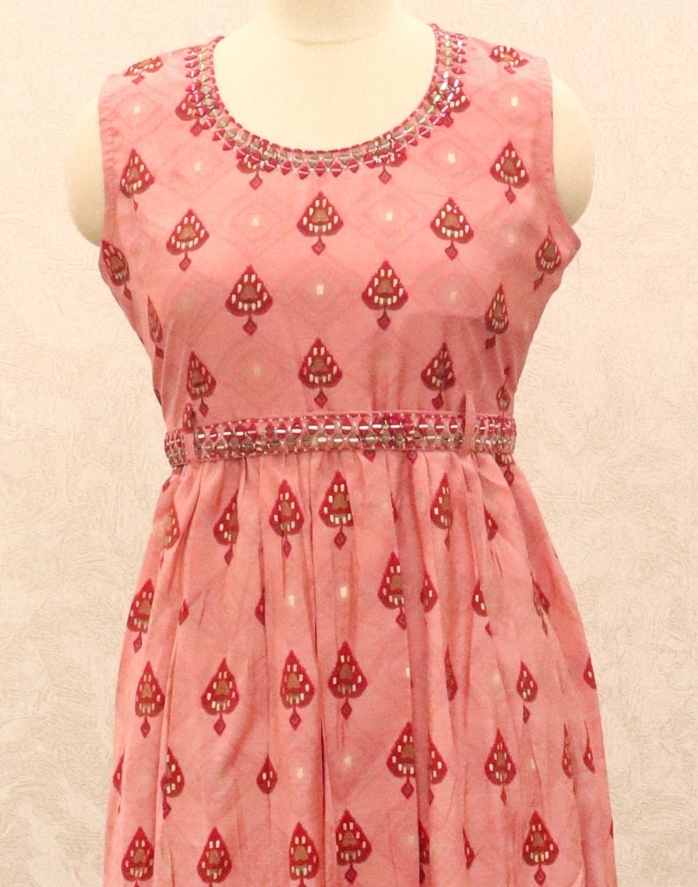 Collection of Light Pink Geometric Print Silk Fabric Kurti in a gallery layout