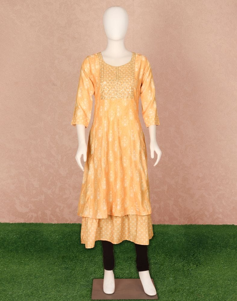 Light Orange Floral Embellished work Silk Kurti