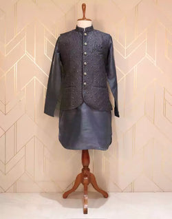 Collection of Blue Floral Raw Silk Kurta Jacket Set with Chikankari Work in a gallery layout