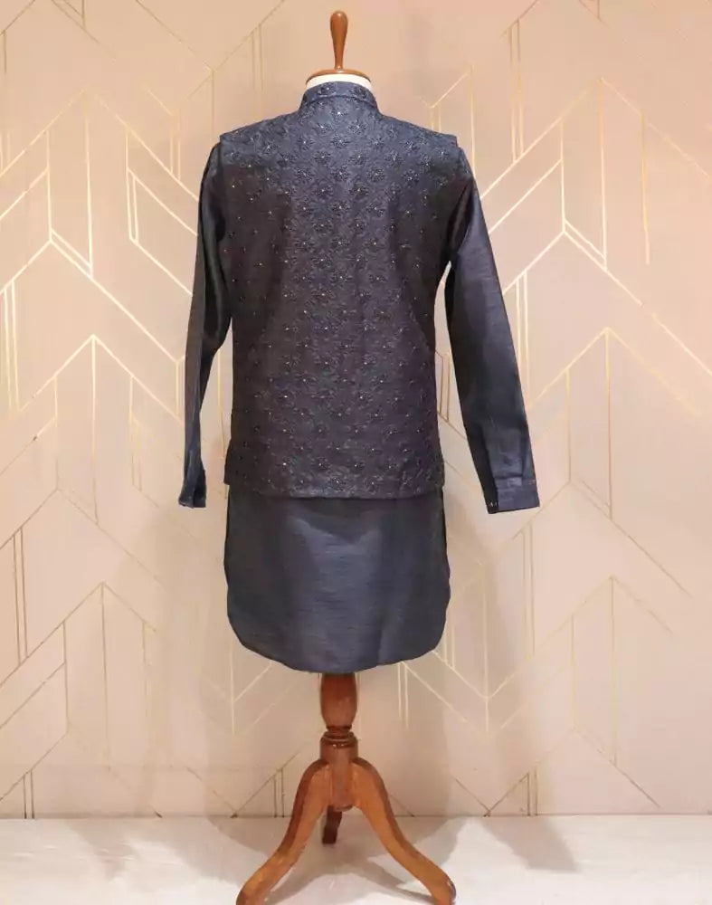 Collection of Blue Floral Raw Silk Kurta Jacket Set with Chikankari Work in a gallery layout