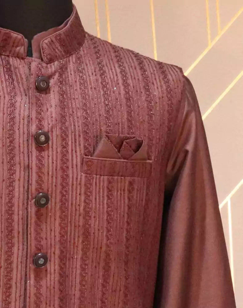 Collection of Maroon Striped Raw Silk Weave Kurta Jacket Set in a gallery layout