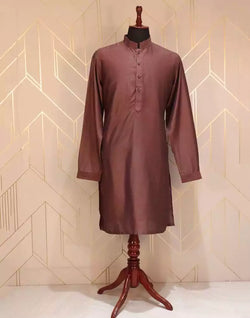 Collection of Maroon Striped Raw Silk Weave Kurta Jacket Set in a gallery layout