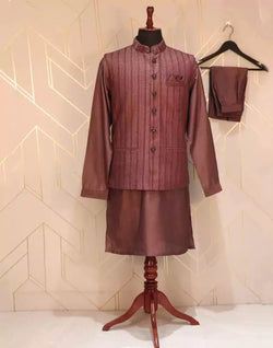 Collection of Maroon Striped Raw Silk Weave Kurta Jacket Set in a gallery layout