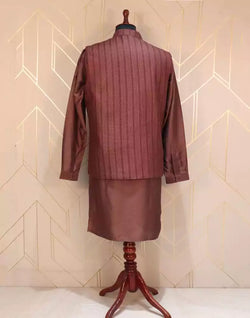 Collection of Maroon Striped Raw Silk Weave Kurta Jacket Set in a gallery layout