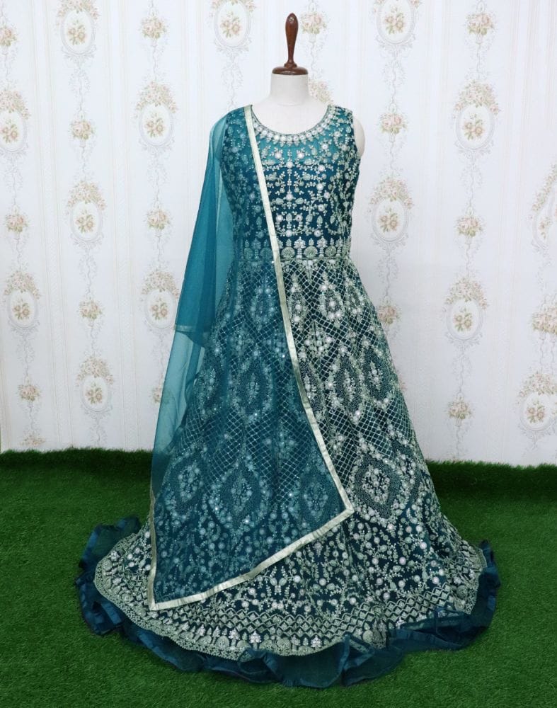 Green Netted heavy stone work Kurti with Dupatta