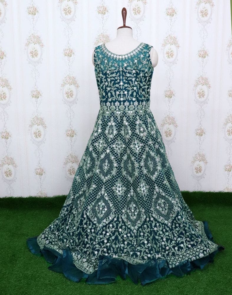 Collection of Green Netted heavy stone work Kurti with Dupatta in a gallery layout