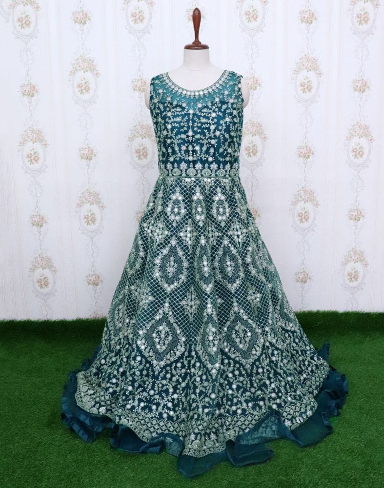 Green Netted heavy stone work Kurti with Dupatta